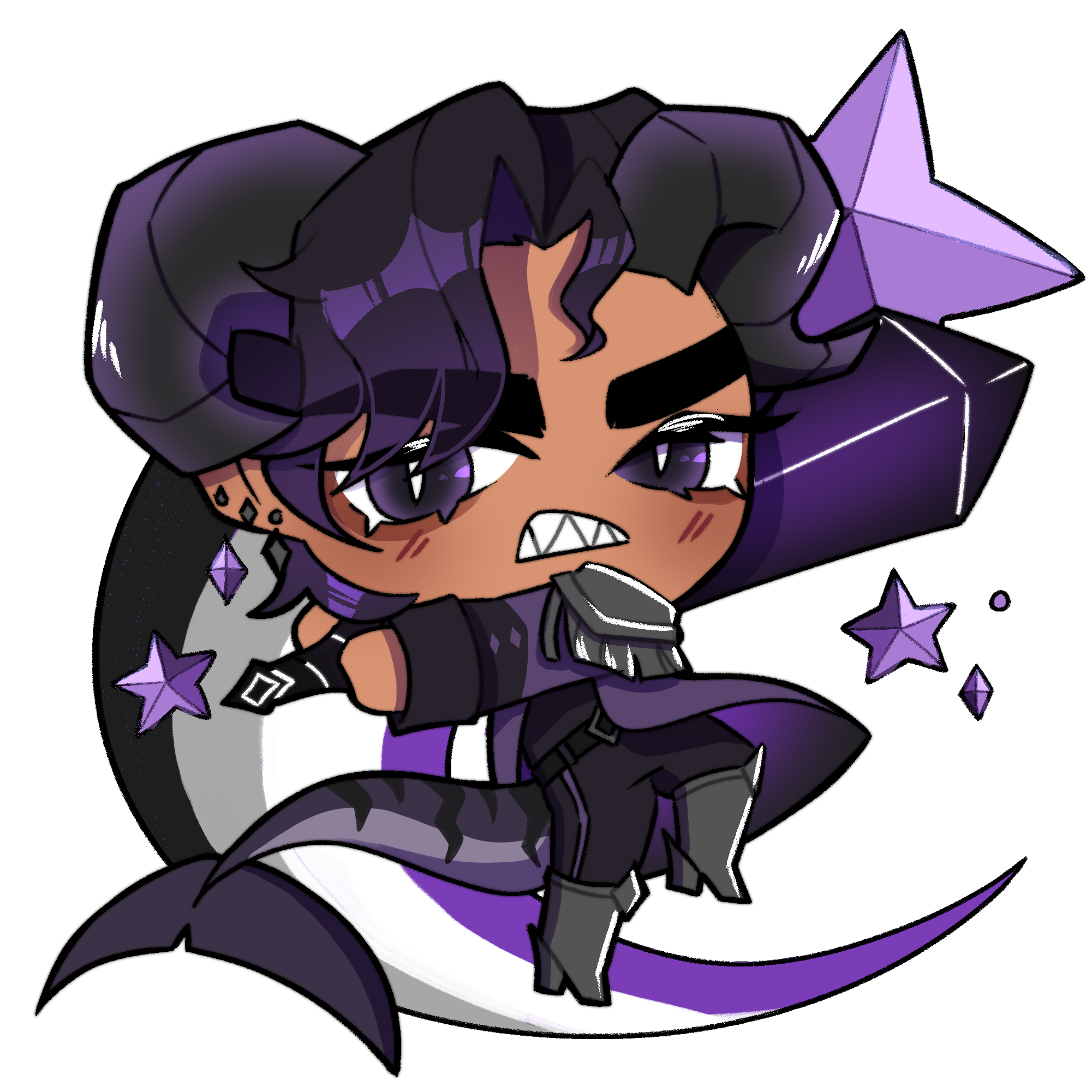 A chibi illustration of my OC Helix who has a shark's tail and stars